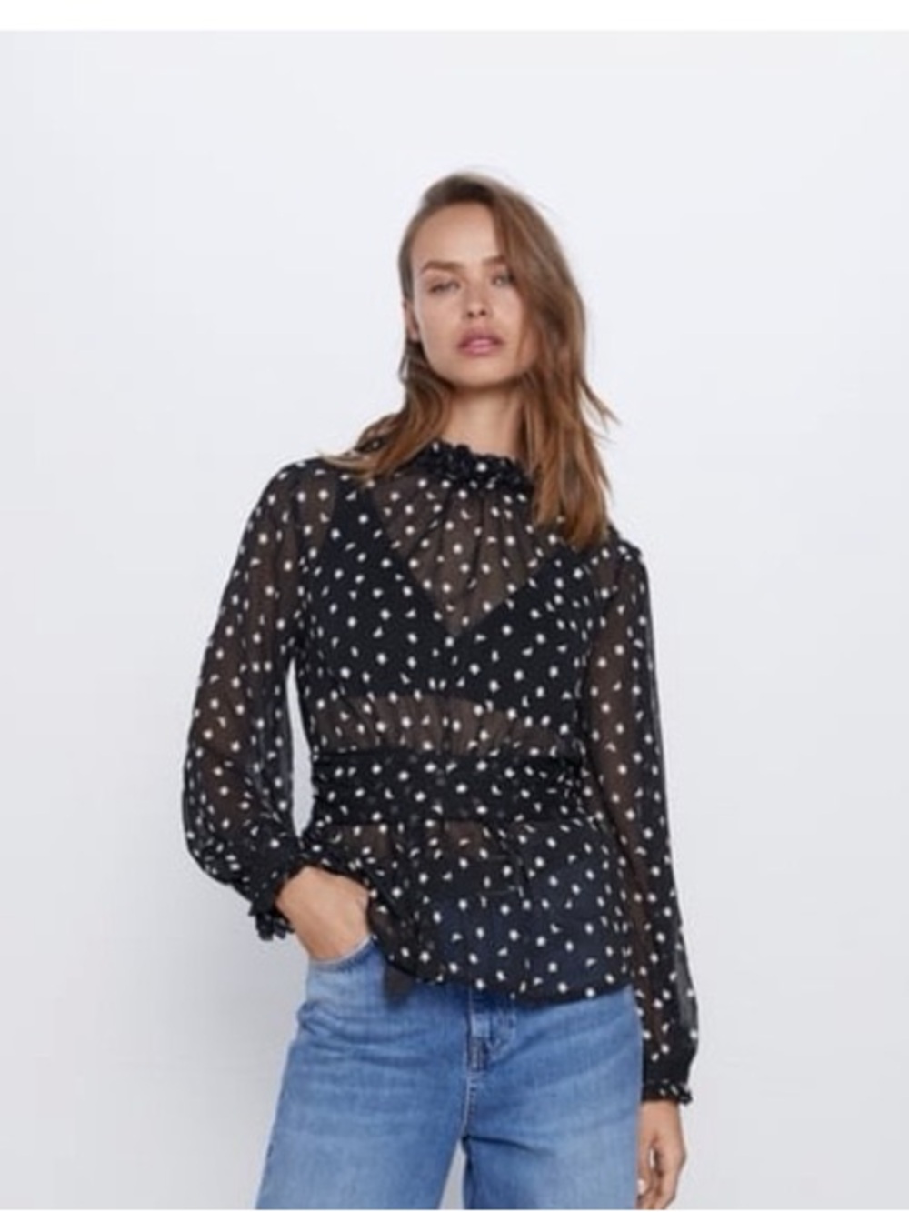 Zara Floral Ruffled Keyhole Blouse